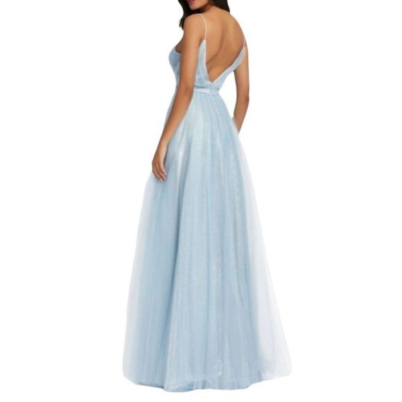 Mac Duggal Gown Elsa Princess Ice Blue Sparkle Plunging V Full Tulle A-line 10 - Picture 12 of 17